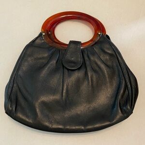 Vintage Black Leather Clutch Purse w/Brown Lucite Handle Snap Closure Ande Style